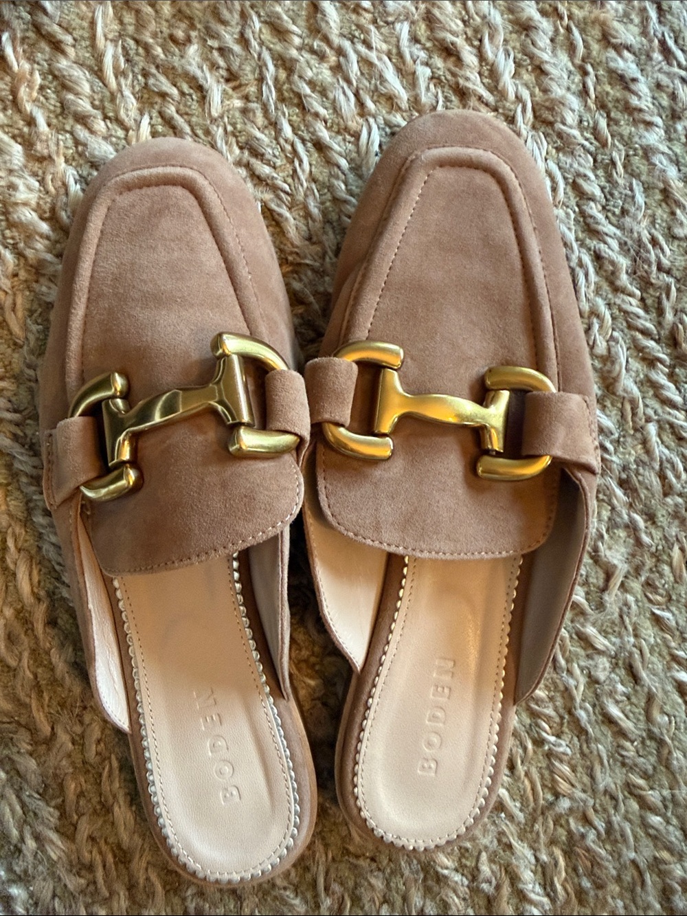 Boden Tan Suede Mule Loafers with Gold Hardware